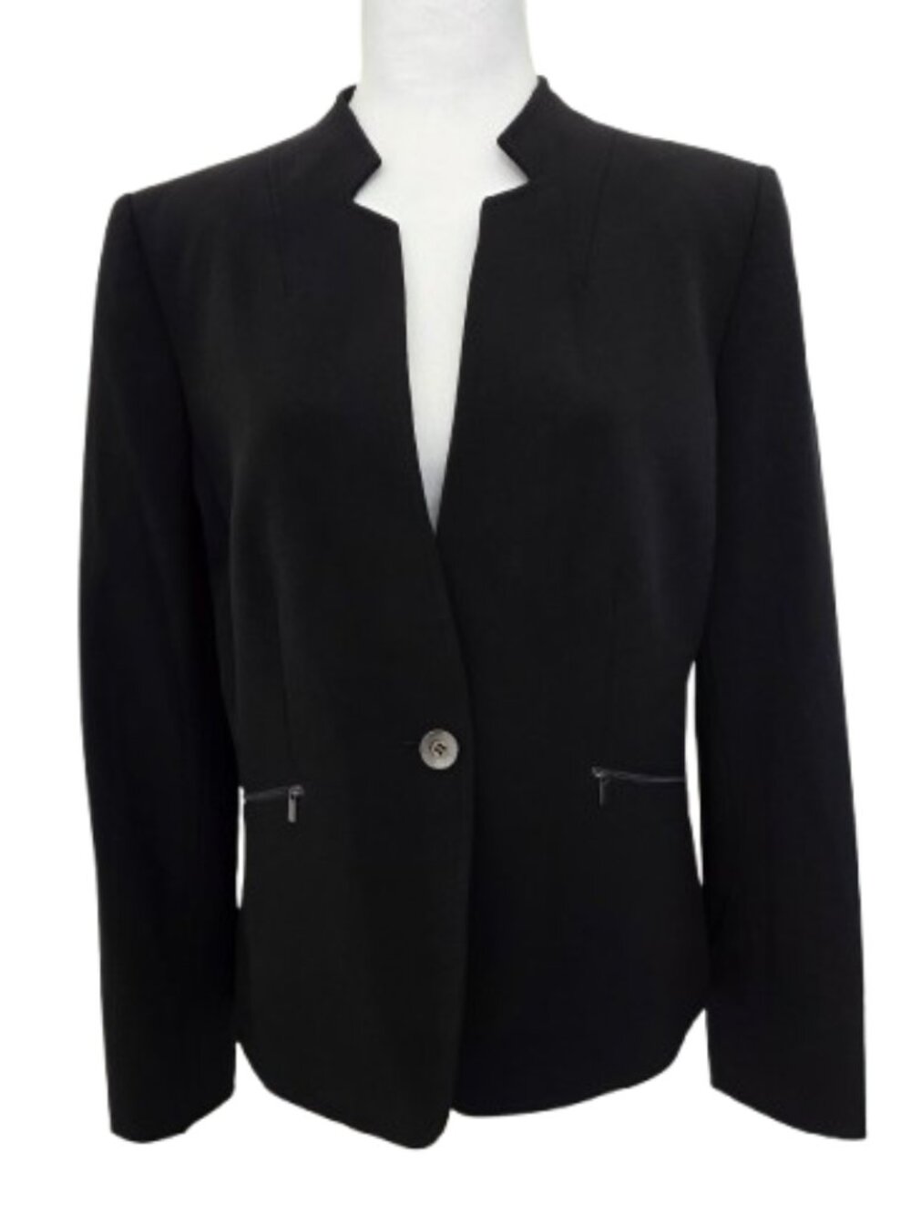 Tahari ASL Size 10 Blazer One Button Closure Zippered Pockets Black Elegant! - Picture 2 of 6